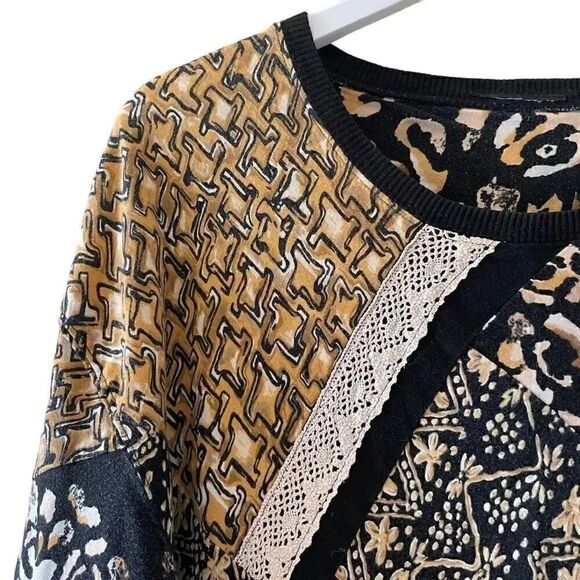 Womens’ Multicolor Black Brown Lace Oversized Boxy Lagenlook Blouse SZ 1X - Picture 3 of 9